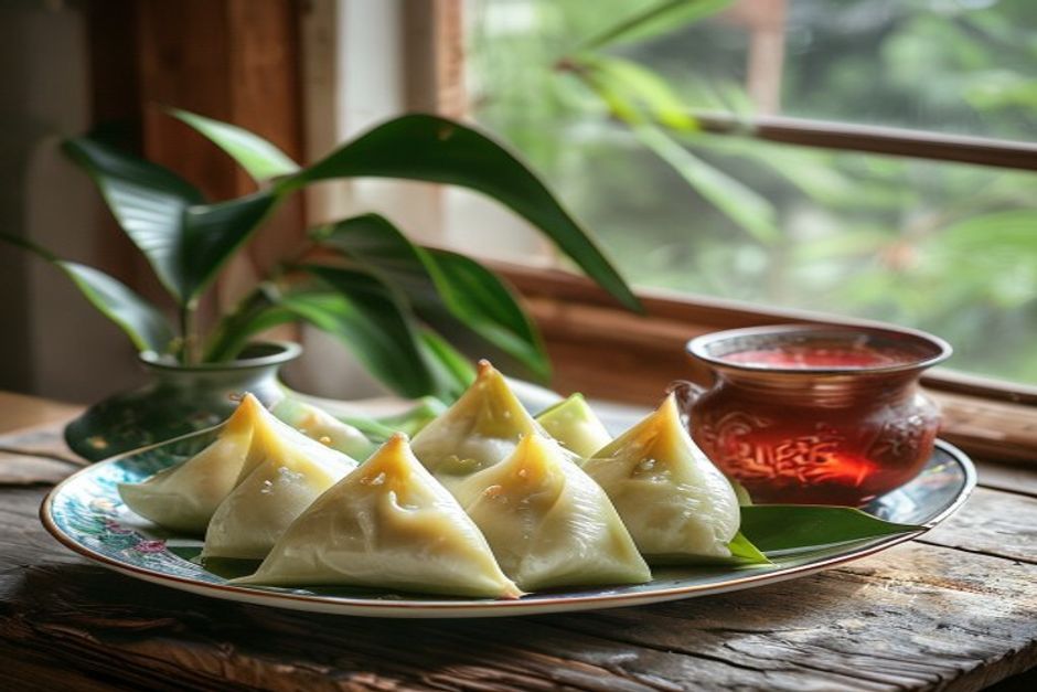 白天，摆好的餐桌上盘中放着粽子。