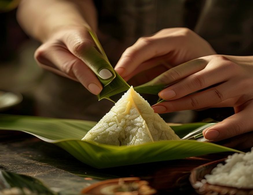 包粽子的食材:糯米、竹叶、五花肉和细绳。